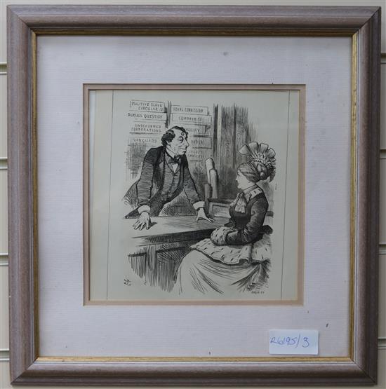 Three punch cartoon pictures of Disraeli 22 x 22cm.